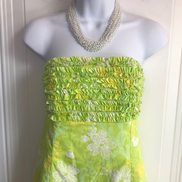 Lilly Pulitzer Green Yellow Ruffle Front Tie Back Strapless Dress size 6 in EUC - Picture 8 of 16